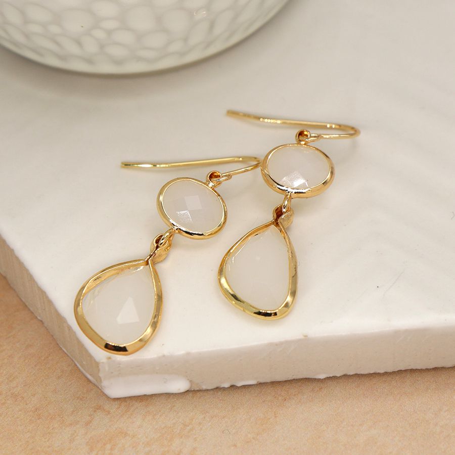 Golden & Smoky White Crystal Double Drop Earrings - Lulu Loves Home - Jewellery