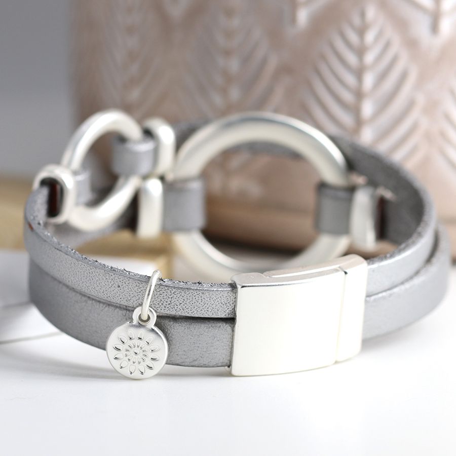 Metallic Grey Leather Bracelet With Silver Hoops - Lulu Loves Home - Jewellery