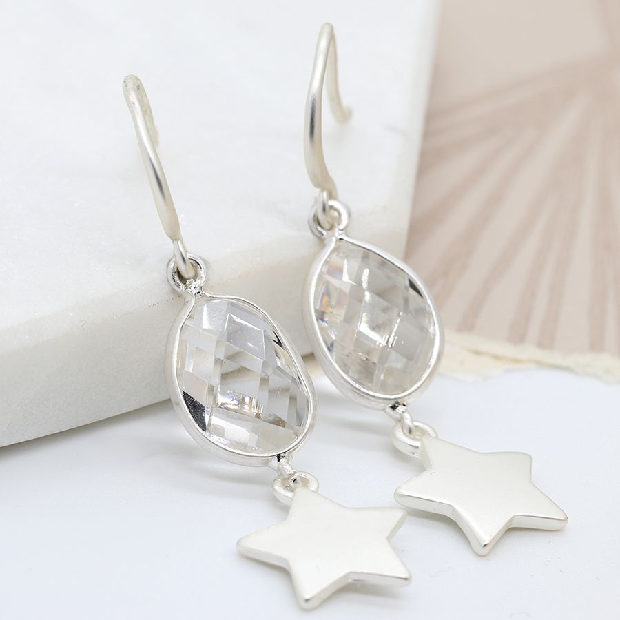 Silver Plated Oval Crystal Drop Earrings With Hanging Star - Lulu Loves Home - Jewellery