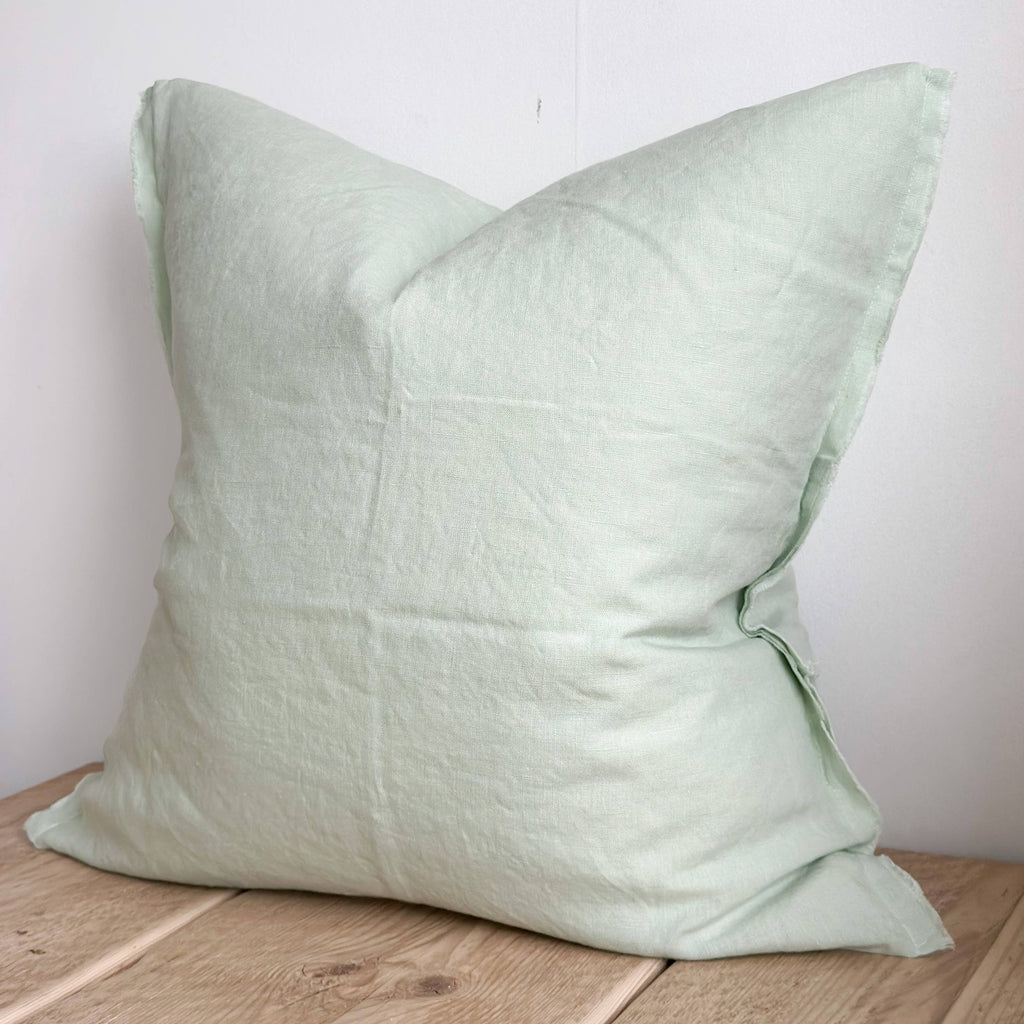 Frayed Edge Mint Green Linen Cushion - Lulu Loves Home - Soft Furnishings