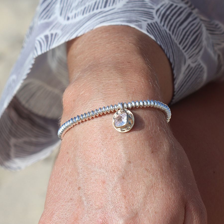 Silver Plated Bead Bracelet With Gold Beaten Disc And Crystal Charm - Lulu Loves Home - Jewellery