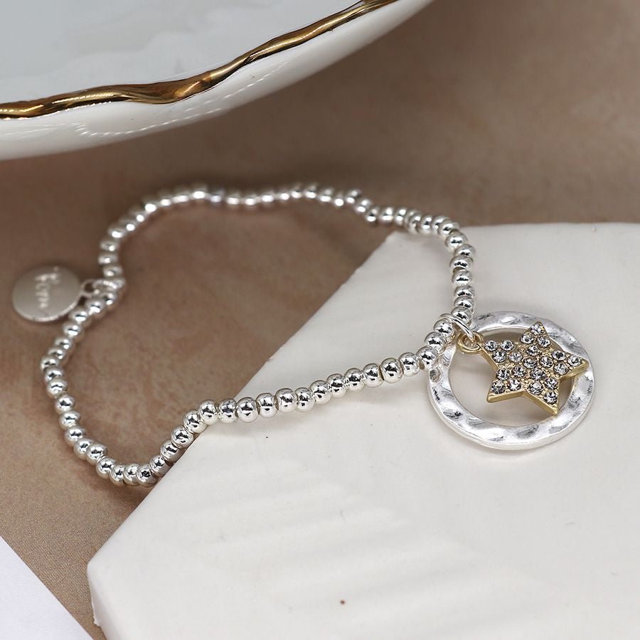 Silver Plated Beaded Bracelet With A Hammered Disc Pendant - Lulu Loves Home - Jewellery