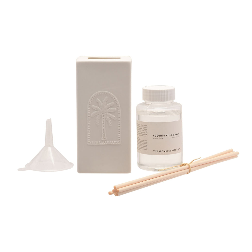 White Boho Sunset and Sand Reed Diffuser - Coconut Husk & Palm - Lulu Loves Home - Home Fragrance
