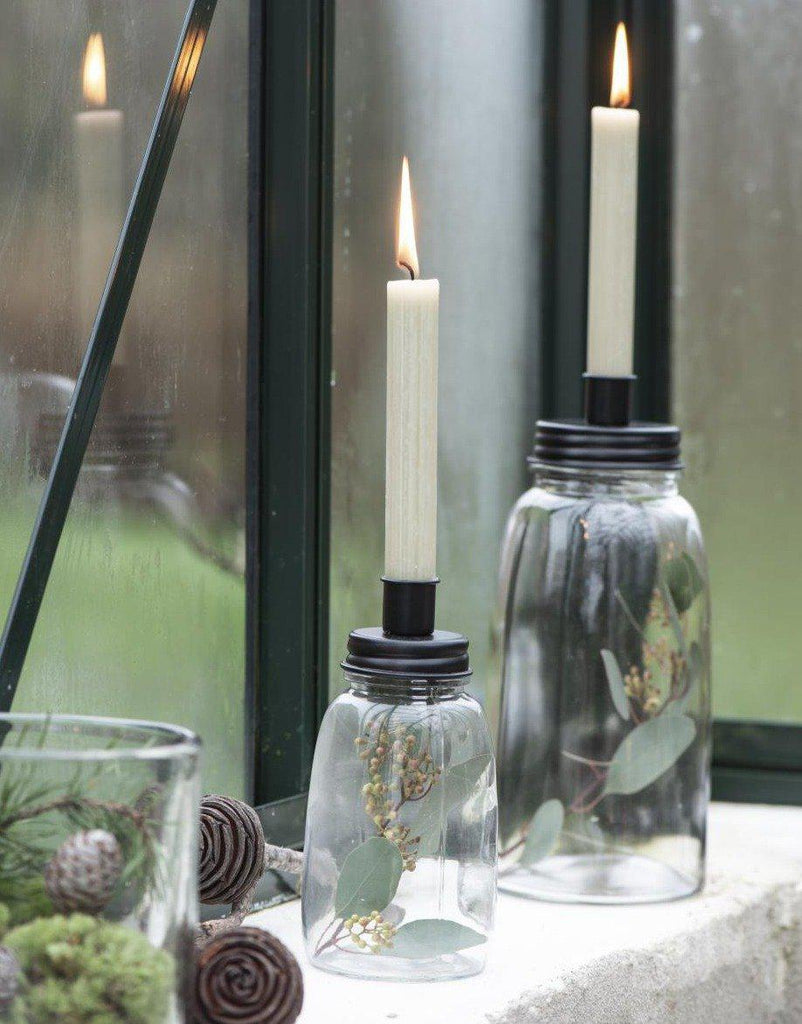 Tall Glass And Metal Dinner Candle Storage Jar And Holder With Six White Candles - Lulu Loves Home - Candle Holders - Dinner