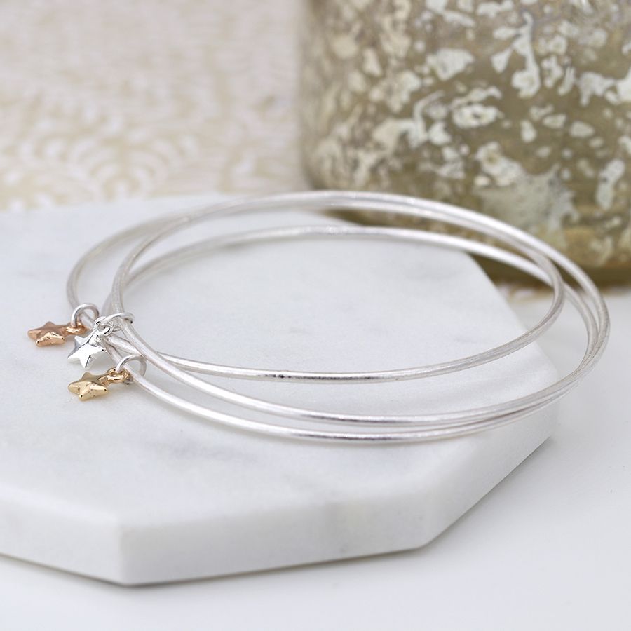 Triple Silver Plated Bangle Bracelet Set With Mixed Stars - Lulu Loves Home - Jewellery